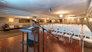 Presentation room with lectern and theater setup